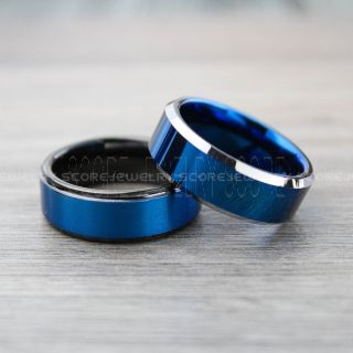 Classic Blue Tungsten Rings, Blue Tungsten Wedding Bands, 2 Piece Couple Set Blue Wedding Bands, Blue Wedding Rings, Blue Tungsten Wedding Rings