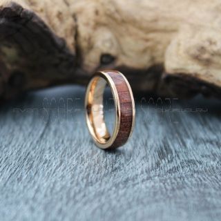 Koa Wood Ring, Koa Wood Wedding Band, 6mm 14K Rose Gold Tungsten Band with Domed Edge and Koa Wood Inlay, Koa Wood Tungsten Wedding Ring