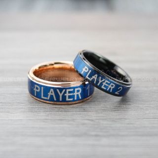 Gamer Rings, Player 1 Player 2 Rings, Gamer Jewelry, Blue & 14K Rose Gold Tungsten Rings, Blue Wedding Bands, 2 Piece Couple Ring Set, Gamer Rings