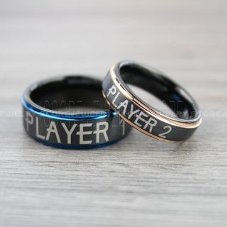 Player 1 Player 2 Rings, Gamer Rings, Black Tungsten Rings, Black Wedding Bands, Couple Ring Set Gamer Rings