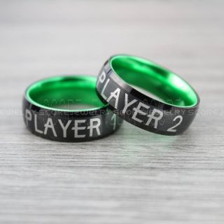 Player 1 Player 2 Rings, Gamer Rings, Green Tungsten Rings, Black Wedding Bands, Couple Ring Set Gamer Rings