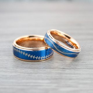 Baseball Rings, 2 Piece Couple Set Baseball Rings, Baseball Stitch Pattern Rings, 14K Rose Gold Tungsten Rings, Rose Gold Rings, Rose Gold Wedding Bands, Rose Gold Wedding Rings, Baseball Stitch Rings, Rose Gold Tungsten Bands