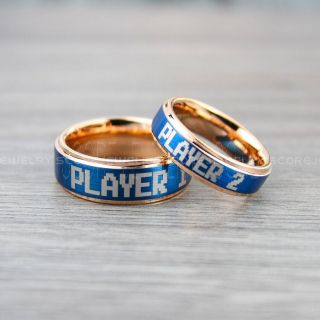 Gamer Rings, Player 1 Player 2 Rings, Gamer Jewelry, Blue & 14K Rose Gold Tungsten Rings, Blue Wedding Bands, 2 Piece Couple Ring Set, Gamer Rings