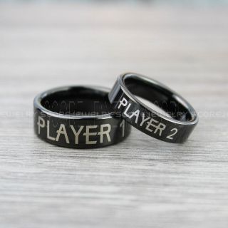 Gamer Rings, Player 1 Player 2 Rings, Gamer Jewelry, Black Tungsten Rings, Black Wedding Bands, 2 Piece Couple Ring Set, Gamer Rings