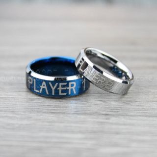 Gamer Rings, Player 1 Player 2 Rings, Gamer Jewelry, Blue Tungsten Rings, Blue Wedding Bands, 2 Piece Couple Ring Set, Gamer Rings