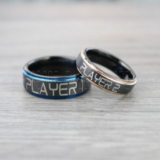 Player 1 Player 2 Rings, Gamer Rings, Black Tungsten Rings, Black Wedding Bands, Couple Ring Set Black Gamer Rings, Black Wedding Rings