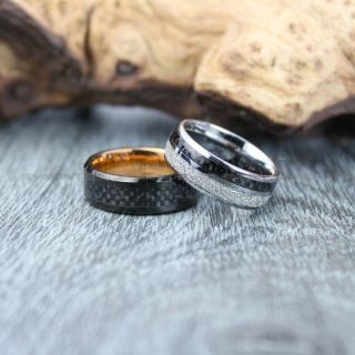 Meteorite Rings, Meteorite Wedding Rings, 2 Piece Couple Set Silver Tungsten Bands with Meteorite and Carbon Fiber Inlays, Meteorite Wedding Bands, Meteorite Wedding Rings, Black Tungsten Rings