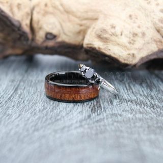 Wood Ring, Koa Wood Ring, Black Wedding Band, Black Wedding Ring, 2 Piece Wedding Ring Set, 8mm Black Tungsten Band and 3mm 925 Sterling Silver Three Stone Engagement Ring