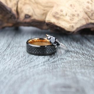 Black Wedding Band, Black Wedding Ring, 2 Piece Wedding Ring Set, 8mm Black Tungsten Band with Black Carbon Fiber Inlay and 3mm 925 Sterling Silver Three Stone Engagement Ring