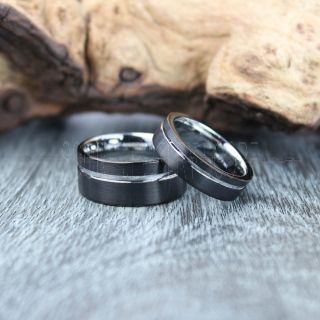 Black Tungsten Wedding Bands Brushed Finish Silver Off Center Groove, Black Tungsten Wedding Rings, 2 Piece Couple Set Black Tungsten Rings