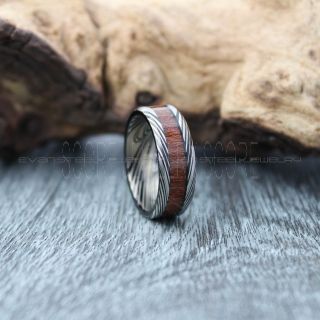 Koa Wood Ring, 8mm Koa Wood Wedding Band with Damascus Steel Pattern, Black Wedding Band, Black Tungsten Band, Black Wedding Ring, Black Tungsten Wedding Band