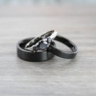 3 Piece Couple Set Wedding Rings, Black Wedding Bands, Black Tungsten Bands, Black Wedding Rings, Black Tungsten Wedding Rings
