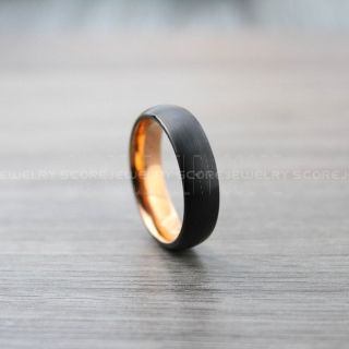 Classic 6mm Black Tungsten Ring with Domed Edge, Black Tungsten Wedding Band with 14K Rose Gold Interior, Black Wedding Band, Black Wedding Ring, Black Tungsten Wedding Ring