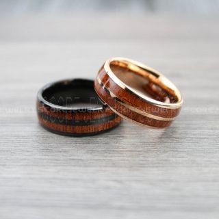 Redwood Rings, 2 Piece Couple Set Redwood Wedding Bands, 8mm Black Tungsten Bands with Redwood Inlay, Rose Gold Wedding Rings, Black Wedding Bands, Rose Gold Wood Rings