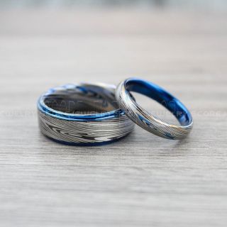 2 Piece Couple Set Damascus Steel Rings, Black Tungsten Rings, Black Tungsten Bands, Damascus Steel Pattern Laser Engraved Tungsten Wedding Rings, Damascus Steel Wedding Bands