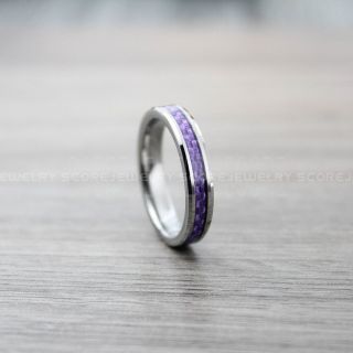 Silver Tungsten Ring, Silver Wedding Band, Silver Tungsten Ring with Purple Carbon Fiber Inlay