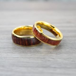 Wood Rings, Redwood Rings, Redwood Wedding Bands, 2 Piece Couple Set 14K Yellow Gold Tungsten Bands Redwood Inlay, Yellow Gold Wedding Rings, Yellow Gold Wedding Bands