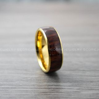 Wood Ring, Redwood Ring, Redwood Wedding Band, 14K Yellow Gold Tungsten Band Redwood Inlay, Yellow Gold Wedding Ring, Yellow Gold Wedding Band