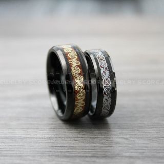 Dragon Ring, Dragon Inlay Ring, Celtic Ring, 2 Piece Couple Set Black Tungsten Ring, Black Wedding Band, Black Tungsten Ring with Wood and Celtic Dragon Inlay Ring