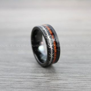 Koa Wood Ring, Wood Ring, Wood Wedding Band, Barb Wire Ring, Barb Wire Black Tungsten Wedding Band With Koa Wood Inlay, Black Wedding Bands, Barb Wire Rings