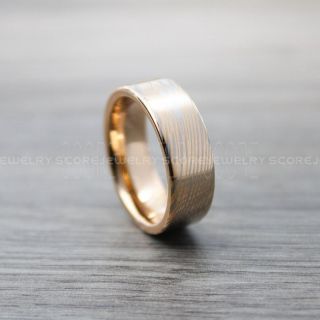 Damascus Steel Ring, Damascus Steel Wedding Band, Rose Gold Ring, Rose Gold Tungsten Band with Flat Edge Damascus Steel Pattern Laser Engraved Tungsten Wedding Ring