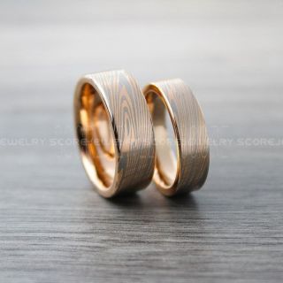 Damascus Steel Rings, Damascus Steel Wedding Bands, 2 Piece Couple Set Rose Gold Rings, Rose Gold Tungsten Bands with Flat Edge Damascus Steel Pattern Laser Engraved Tungsten Wedding Rings
