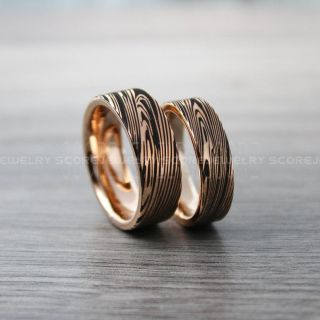 Damascus Steel Rings, 2 Piece Couple Set Damascus Steel Wedding Bands, Rose Gold Rings, Rose Gold Tungsten Bands with Flat Edge Damascus Steel Pattern Laser Engraved Tungsten Wedding Rings