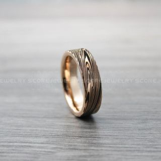 Damascus Steel Ring, Rose Gold Ring, Rose Gold Tungsten Band with Flat Edge Damascus Steel Pattern Laser Engraved Tungsten Wedding Ring