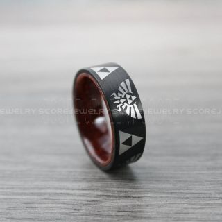Zelda Ring, Gamer Ring, Legend of Zelda Ring with Wood Interior, Zelda Wedding Ring, Zelda Wedding Band, Black Tungsten Ring, Black Wedding Band