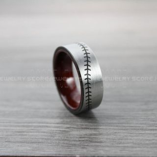Baseball Ring, Baseball Stitch Pattern Ring, Black Tungsten Ring with Wood Interior, Baseball Jewelry, Black Wedding Band, Black Wedding Ring