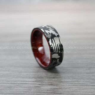 Camo Ring, American Flag Ring, Camouflage Ring, Wedding Band with Camo Pattern and Wood Interior, Black Tungsten Ring, Black Wedding Band, Black Tungsten Band, Military Ring
