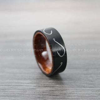 Fishing Ring, Fish Hook Ring with Wood Interior, Fisherman Ring, Black Tungsten Ring, Black Wedding Band, Hunting Ring, Fish Hooks Wedding Band, Outdoorsman Ring, Fishing Wedding Ring