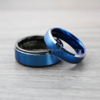 Classic Blue Tungsten Rings, Blue Tungsten Wedding Bands, 2 Piece Couple Set Blue Wedding Bands, Blue Wedding Rings, Blue Tungsten Wedding Rings