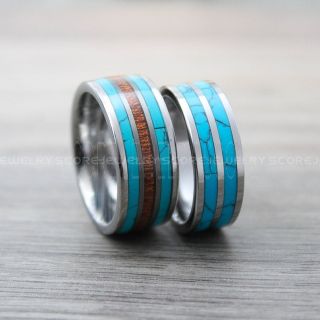 Turquoise Rings, 2 Piece Couple Set Turquoise Wedding Bands, 10mm Silver Tungsten Bands with Flat Edge Turquoise Inlay 10mm Turquoise Tungsten Wedding Rings