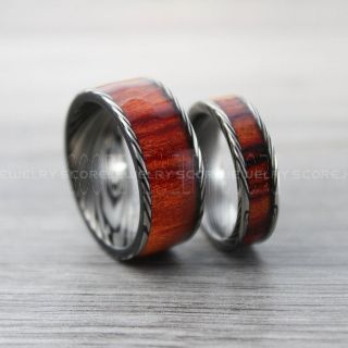 Koa Wood Rings, Koa Wood Wedding Bands with Damascus Steel Pattern, 10mm & 6mm Black Tungsten Bands with Flat Edge Koa Wood Inlay, Koa Wood Tungsten Wedding Rings