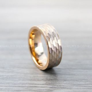 Damascus Steel Ring, Damascus Steel Pattern Wedding Band, Hammered Tungsten Ring, Hammered Wedding Band, 8mm Rose Gold Hammered Wedding Ring