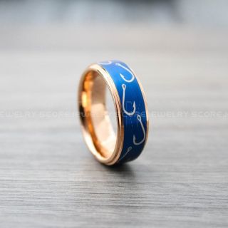 Fishing Ring, Fish Hook Ring, Bass Ring, Bass Fishing Ring, 14K Rose Gold Ring, Rose Gold Tungsten Ring, Rose Gold Wedding Band, Hunting Ring, Fish Hooks Wedding Band