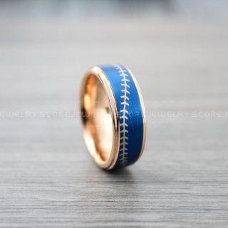Baseball Ring, Baseball Stitch Pattern Ring, Blue Tungsten Ring, Blue Ring, Blue Wedding Band, Blue Wedding Ring, Baseball Stitch Ring, Blue Wedding Band