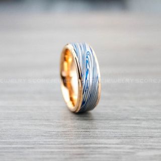 14k Rose Gold Ring, Damascus Steel Ring, Rose Gold Ring, Rose Gold Tungsten Band, Damascus Steel Pattern Laser Engraved Tungsten Wedding Ring