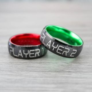 Player 1 Player 2 Rings, Gamer Rings, Green Tungsten Rings, Black Wedding Bands, Couple Ring Set Gamer Rings
