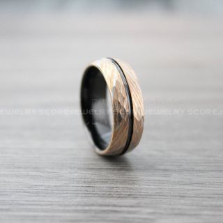Damascus Steel Ring, Damascus Steel Pattern Wedding Band, Hammered Tungsten Ring, Hammered Wedding Band, 8mm 14K Rose Gold Hammered Wedding Ring