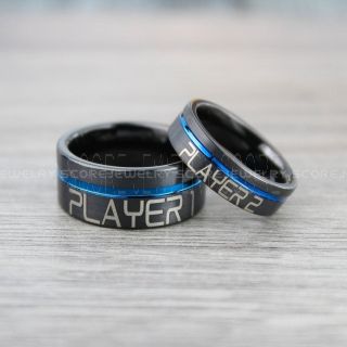 Gamer Rings, Player 1 Player 2 Rings, Gamer Jewelry, Black Tungsten Rings, Black Wedding Bands, 2 Piece Couple Ring Set, Gamer Rings