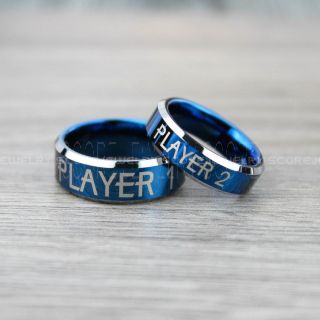 Gamer Rings, Player 1 Player 2 Rings, Gamer Jewelry, Blue Tungsten Rings, Blue Wedding Bands, 2 Piece Couple Ring Set, Gamer Rings