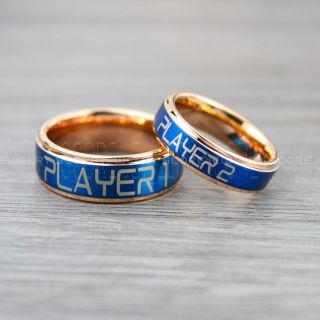 Gamer Rings, Player 1 Player 2 Rings, Gamer Jewelry, Blue & 14K Rose Gold Tungsten Rings, Blue Wedding Bands, 2 Piece Couple Ring Set, Gamer Rings