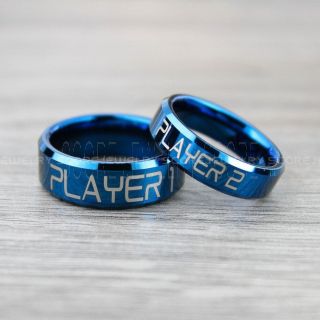 Gamer Rings, Player 1 Player 2 Rings, Gamer Jewelry, Blue Tungsten Rings, Blue Wedding Bands, 2 Piece Couple Ring Set, Gamer Rings