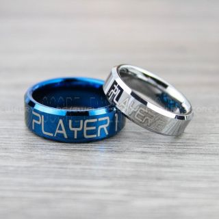 Gamer Rings, Player 1 Player 2 Rings, Gamer Jewelry, Blue Tungsten Rings, Blue Wedding Bands, 2 Piece Couple Ring Set, Gamer Rings
