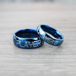 Player 1 Player 2 Rings, Gamer Rings, Blue Tungsten Rings, Blue Wedding Bands, Couple Ring Set Blue Gamer Rings, Blue Wedding Rings
