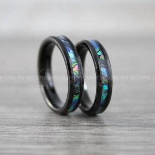 Abalone Shell Rings, Black Tungsten Rings, 2 Piece Couple Set Black Tungsten Bands with Abalone Shell Inlay, Abalone Shell Wedding Bands, Abalone Shell Wedding Rings, Black Tungsten Wedding Rings