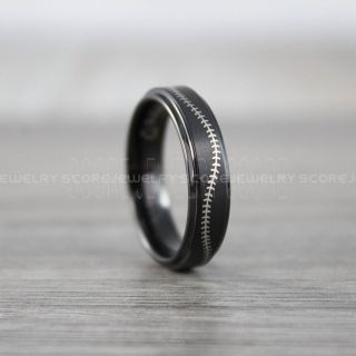 Baseball Ring, Baseball Stitch Pattern Ring, 6mm Black Tungsten Ring, Baseball Jewelry, Black Wedding Band, Black Wedding Ring