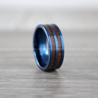 Koa Wood Ring, Koa Wood Wedding Band, Blue Wedding Band, Blue Tungsten Band, Blue Wedding Ring, Blue Tungsten Wedding Band
